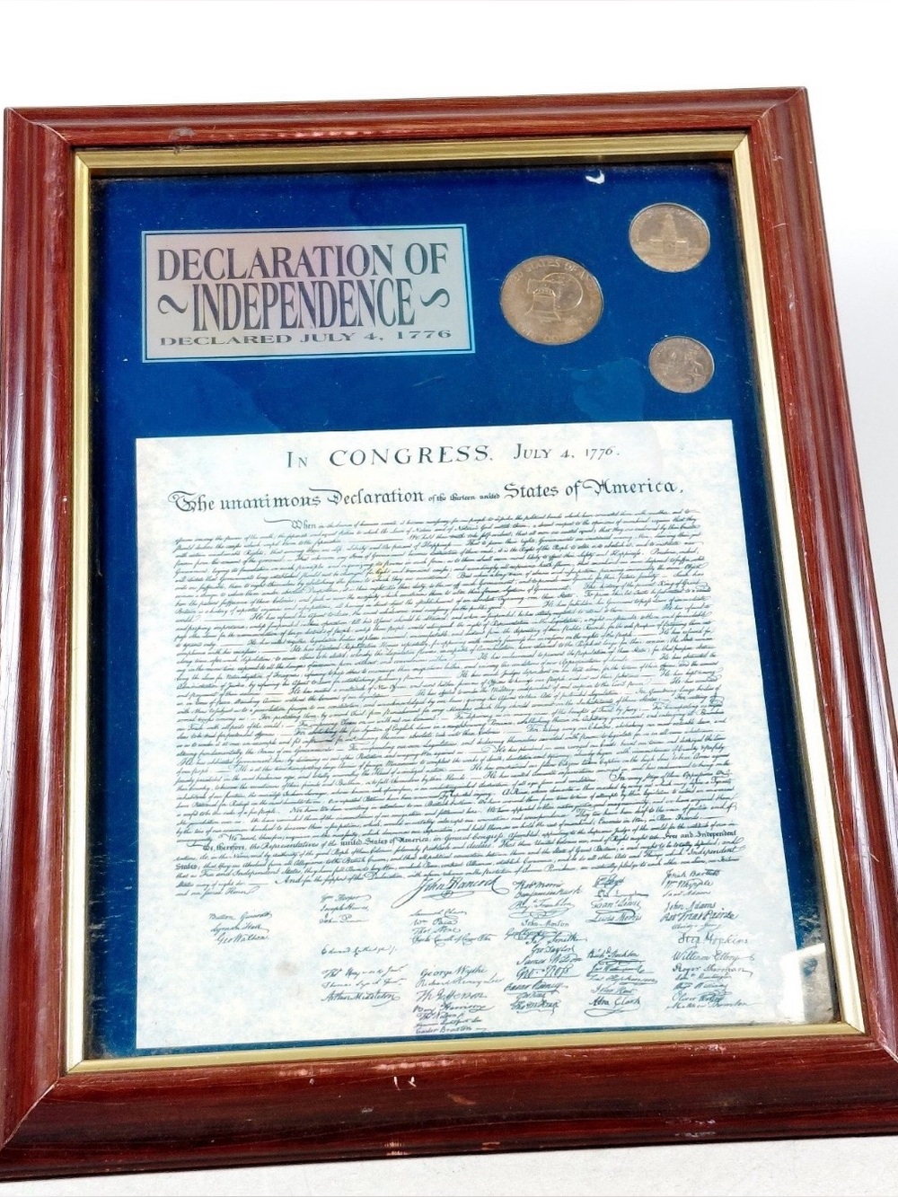 Framed Declaration of Independence with 3 coins